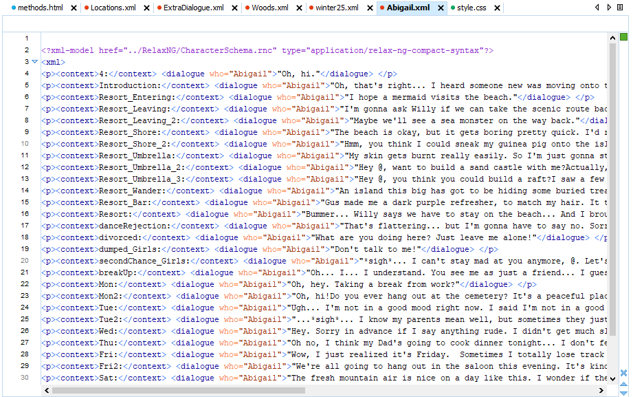 An image of XML code demonstrating the structure of markedup dialogue